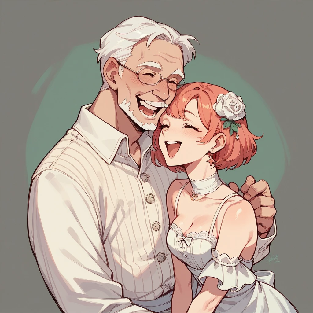 An old man from Turkey stands next to a beautiful young girl, they are a happy couple, both are happy