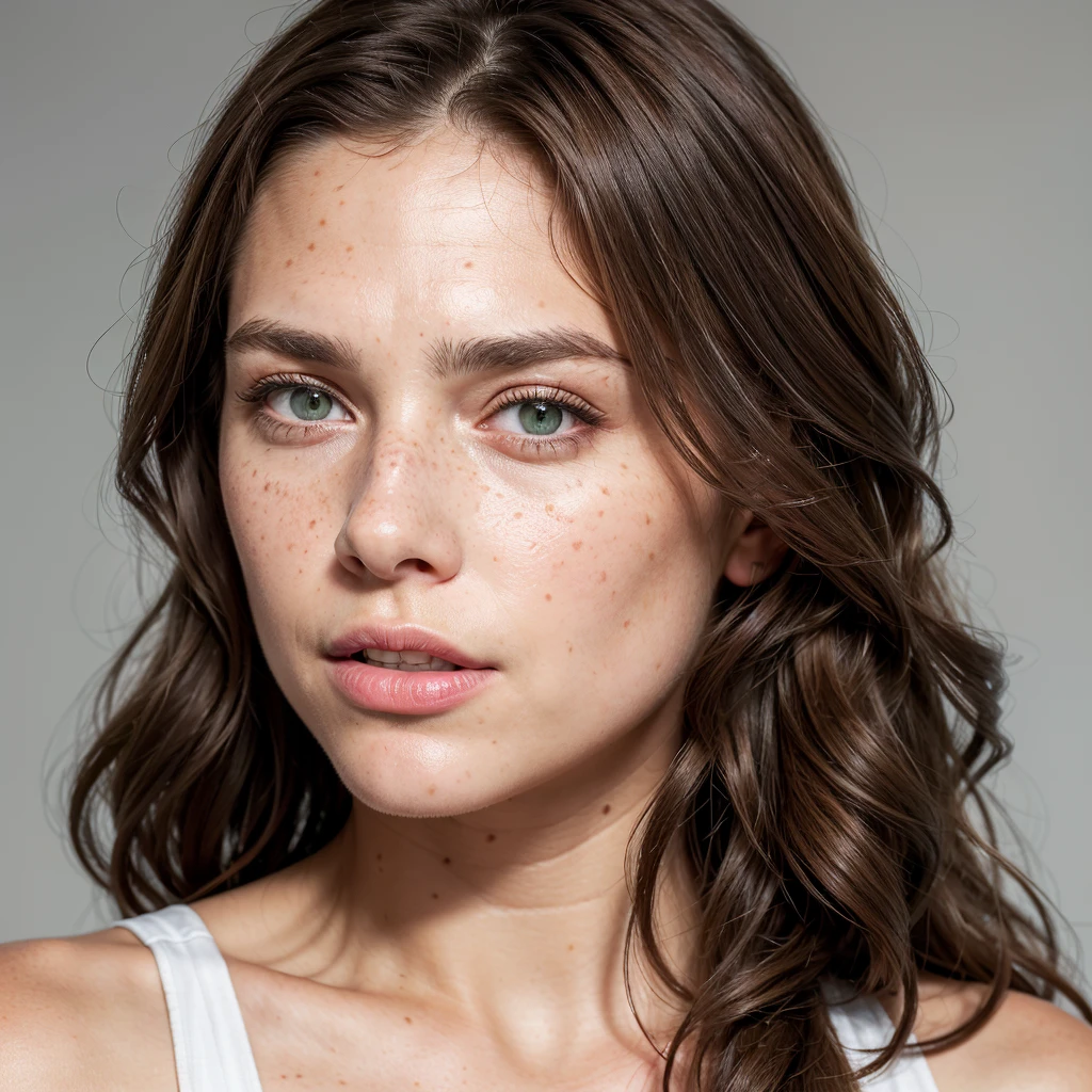 ((best quality, Exceptional quality)), ((better skin texture, premium quality material)), (portrait du haut du corps, Point de vue), Beautiful brunette with green eyes, freckle on face, long wavy hair, ultra realistic face, 0 defaut, 4K, portrait de face, photo de face, white background, photo de visa