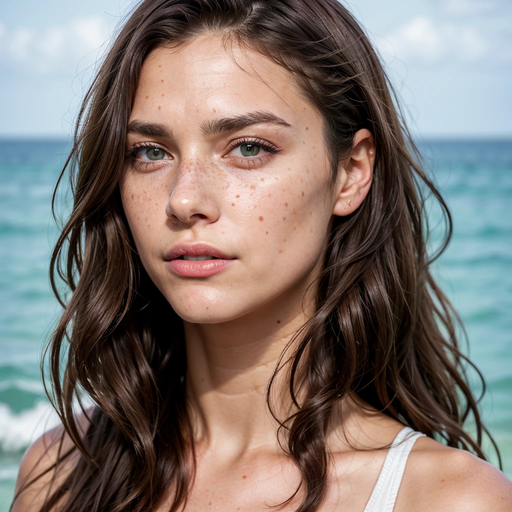 ((best quality, Exceptional quality)), ((better skin texture, premium quality material)), (portrait du haut du corps, Point de vue), Beautiful brunette with green eyes, freckle on face, long wavy hair, ultra realistic face, 0 defaut, 4K, portrait de face, photo de face, white background, photo de visa