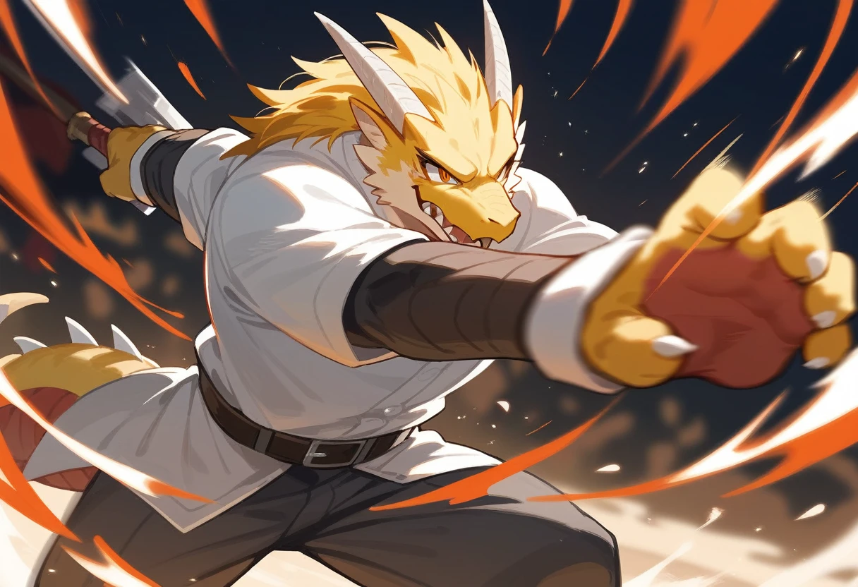 top quality, high-quality illustrations((masterpiece))depth of field, motion blur, absurdres, Perfect ???????, magnificent picture of kemono fighting fierce battles, kemono, 1boy, solo focus, Anthro((dramatic))epic, weapon, dynamic pose, One scene of movie,FURRY,dragon