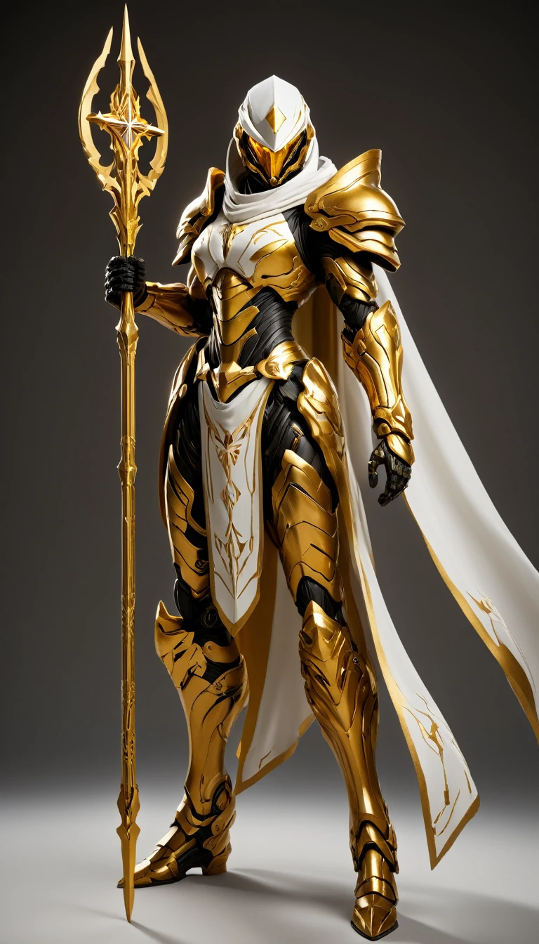 Masterpieces, female, Holy White Knight, Action style shot, (Battle Priest in a warframe and halo style armor with a staff with a cross), (Gold and White color scheme), (white hood and cape), (action shot: holding staff), white and gold tabard (solid color background), centered, full body shot fighting, sci-fi knight, Halo master chief, vibrant colors, visible figure joints, cinematic shot, volumetric lighting, intricate pattern detail, highly detailed