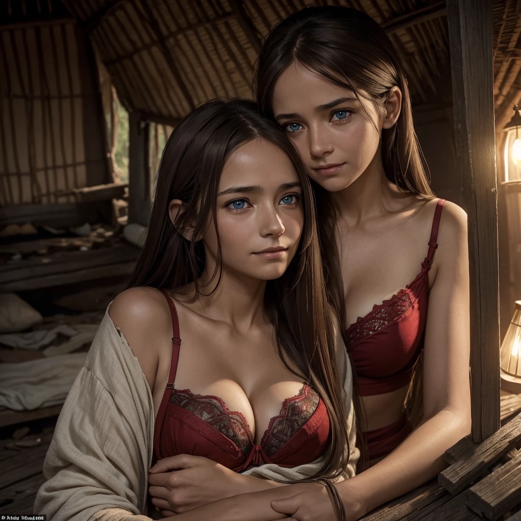(The poor old man), huddled together with his wife, in a dimly lit room, their faces illuminated by the soft light of a lamp. The man's ragged face was etched with lines of worry, his clothes were tattered and tattered. (in an atmosphere of poverty) His wife young girl, with kind, white skin, blue eyes and a smile (((long straight brown hair))), perfect big breasts (pookies) and (((Red split colth))), cleavage, bra, reached out to comfort him, her hands revealing the intricate details of her worn, yet beautiful skin. They sit in silence, their bond unbroken by their (((in a dilapidated hut))) distress, their love evident in their expressions. The scene is a masterpiece of raw humanity, shot in the highest quality, with full attention to detail, a depiction of their life journey. Depth of field highlights the couple, realistic, ultra HD 8k
