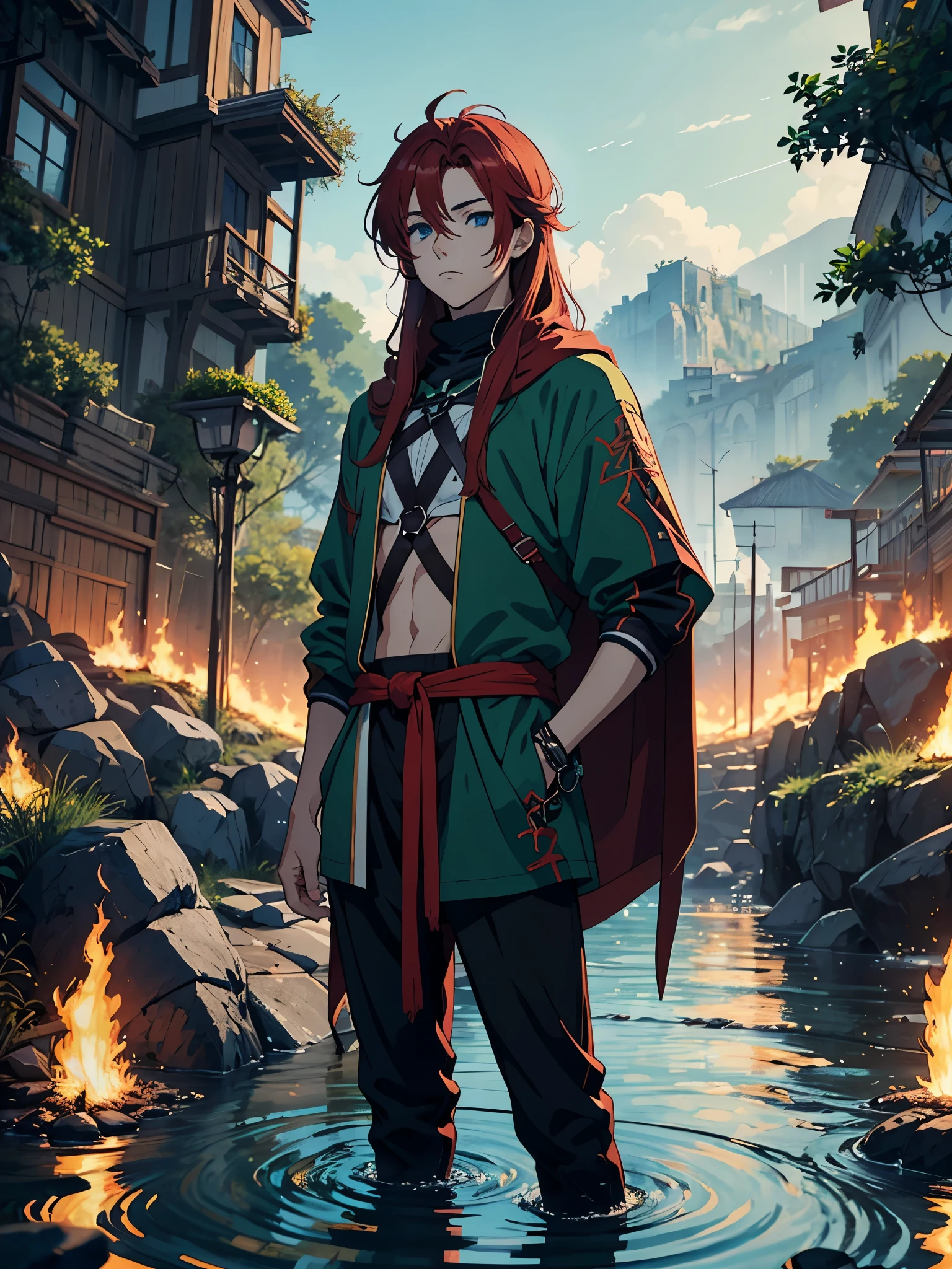 Bondage boy. Runesmagie. Runes magie. Runes. 火. green clothes. More anime style. blue flames. 2d. flatter. anime style. Viking clothing. soft. More anime. Standing in a lake. More anime. More 2d. Clean. More anime. 2d. Glow. Red hair. More anime. male. Long hair. long red hair. boy, vikings. red hair. Blue eyes. fire.