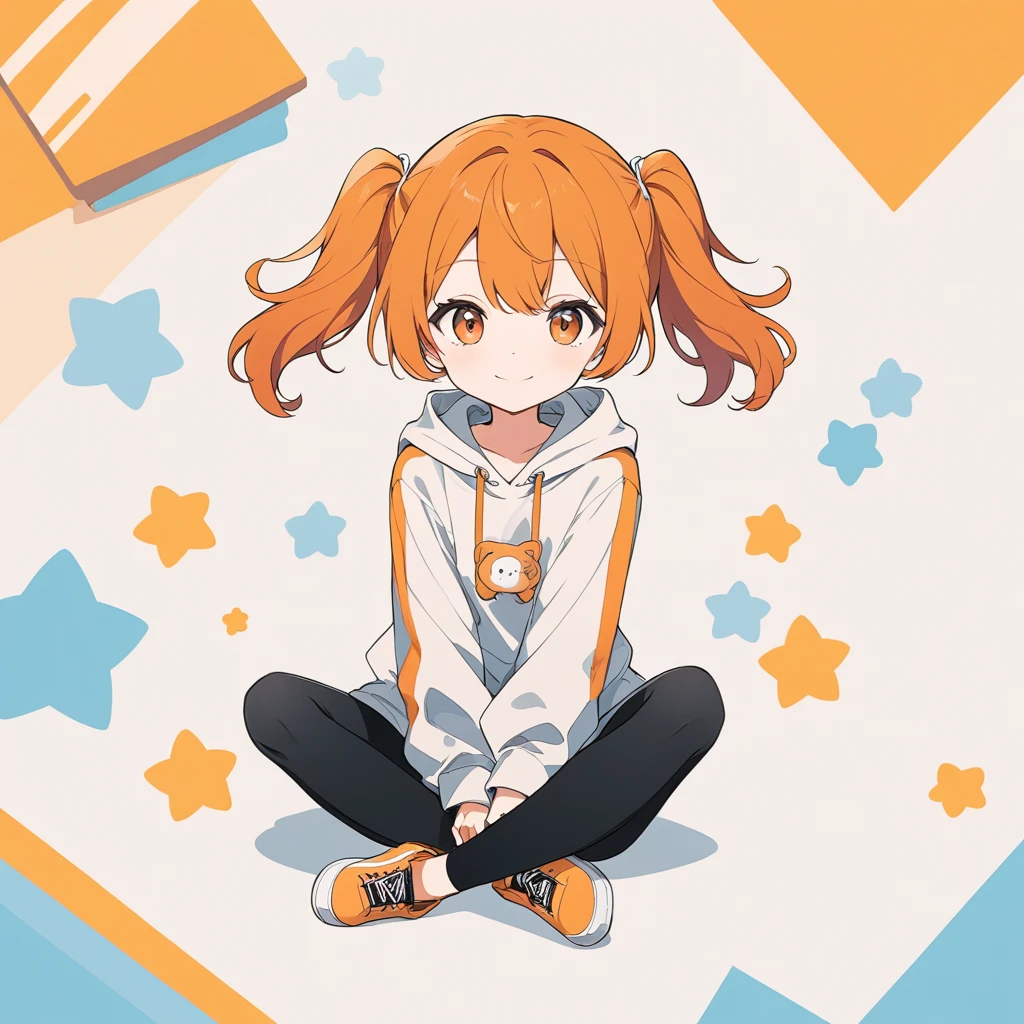 Orange Hair, Orange eyes,girl,Pigtails with both ends tied,smile, a bit,  hoodie,girl一人,a bitキャラ,anime,whole body,mini,Sitting