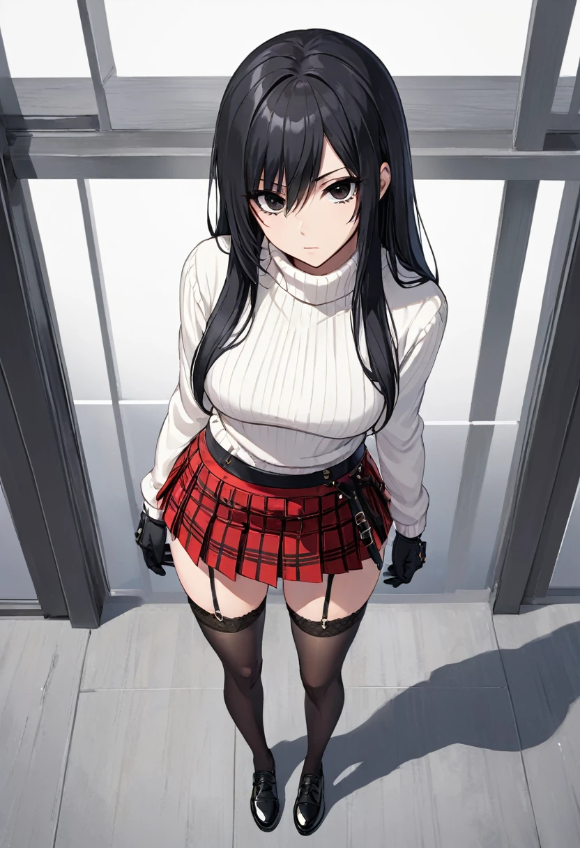 red checkered miniskirt , Black Shoes , pleated skirt , assassin , whole body , White sweater , Black gloves , stockings , garter belt , black hair , black eyes , straight hair , thighs , whole body , standing posture , View from above