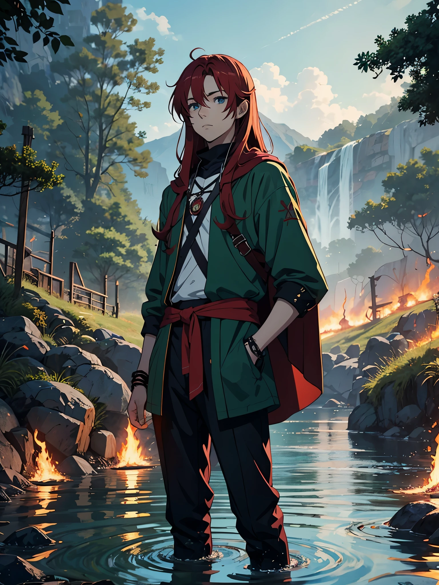 Bondage boy. Runesmagie. Runes magie. Runes. 火. green clothes. More anime style. blue flames. 2d. flatter. anime style. Viking clothing. soft. More anime. Standing in a lake. More anime. More 2d. Clean. More anime. 2d. Glow. Red hair. More anime. male. Long hair. long red hair. boy, vikings. red hair. Blue eyes. fire. 