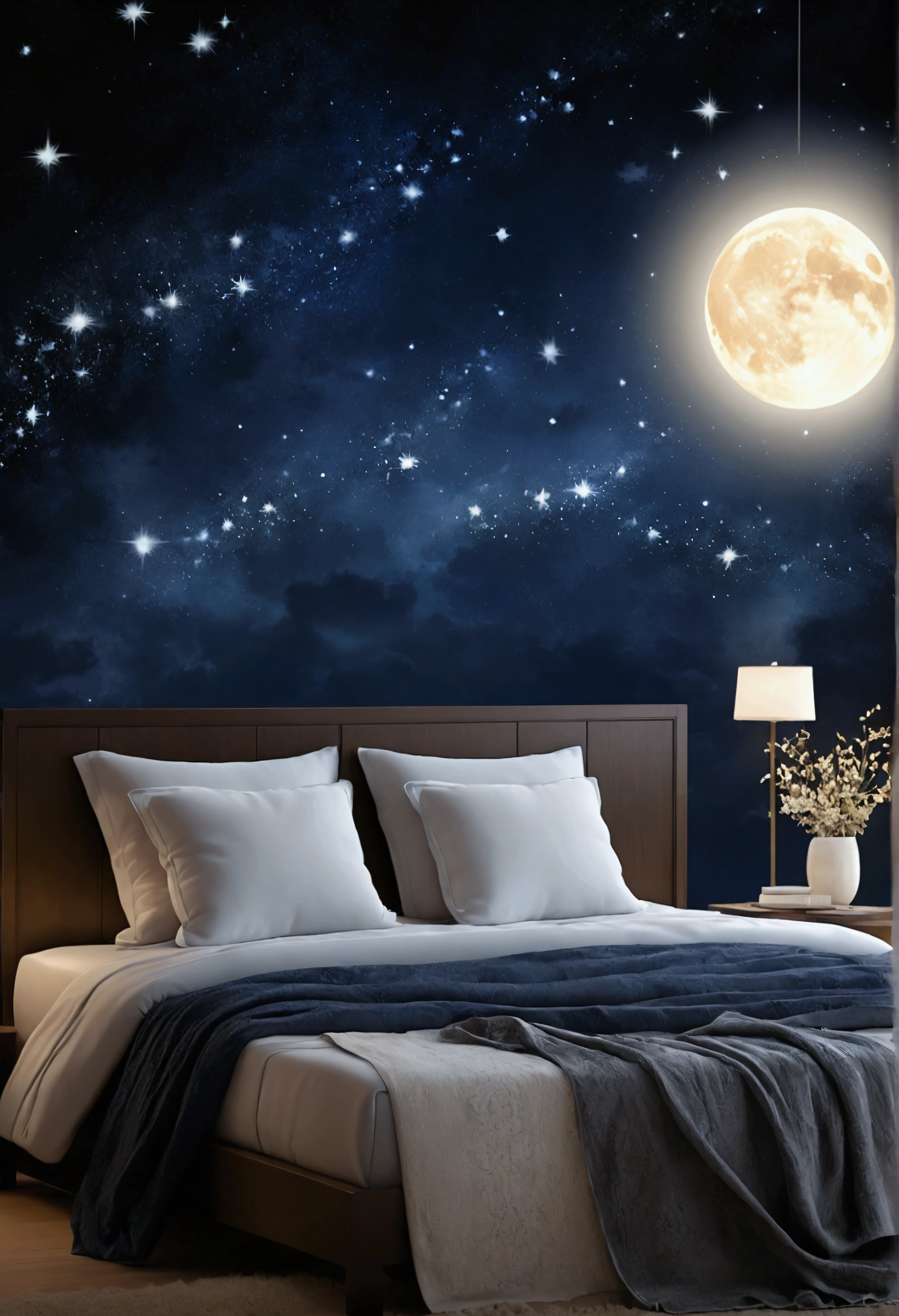 (Peaceful Dreams,夜のTranquility,Tranquility,peaceful sleep),(Highest quality,Very detailed,Realistic),(Painting),(Shining Star,Gentle moonlight),(Soft pillow,Comfortable bed,Dreamy atmosphere),(Tranquility,Luxurious sleep),(Peaceful and serene),(Subtle colors,Dark and warm tones),(Good soft and diffused lighting
