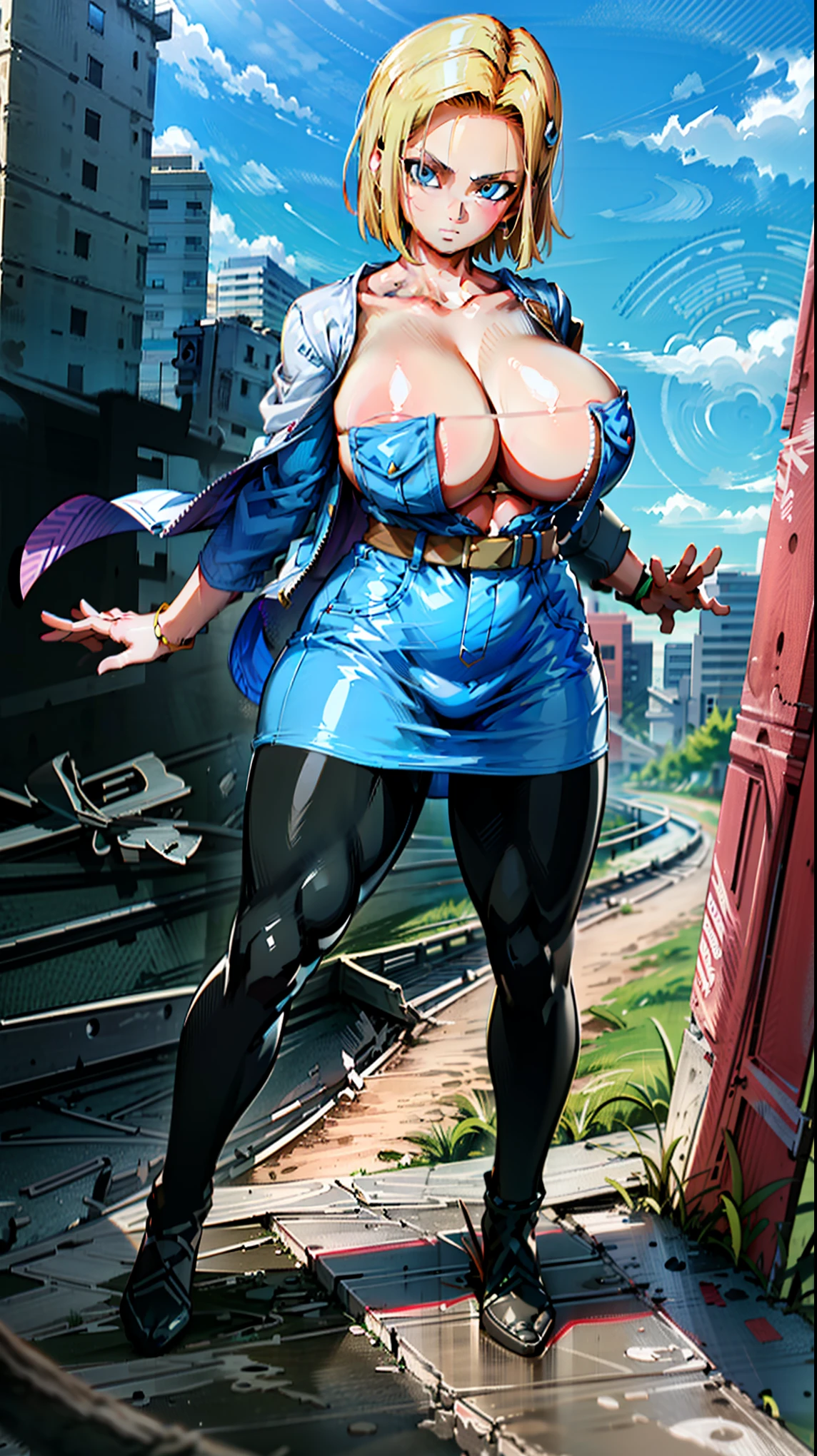 supergirl, pureerosface_v1, sticker of a girl from dc comic, full body, Kim Jung gi, , (gigantic breasts breasts 1.6),soul, digital illustration, comic style, cyberpunk, perfect anatomy, centered, approaching perfection, dynamic, highly detailed, watercolor painting, artstation, concept art, smooth, sharp focus, illustration, art by Carne Griffiths and Wadim Kashin ,, (masterpiece, best quality, ultra-detailed, best shadow),, In the style of Neon Genesis Evangelion, you find yourself standing on a desolate, post - apocalyptic wasteland, as the distant ruins of a massive city loom on the horizon. The sky is filled with ominous clouds, as a massive creature towers in the distance, huge breast, gigantic , titsnipples, curvy, thicc