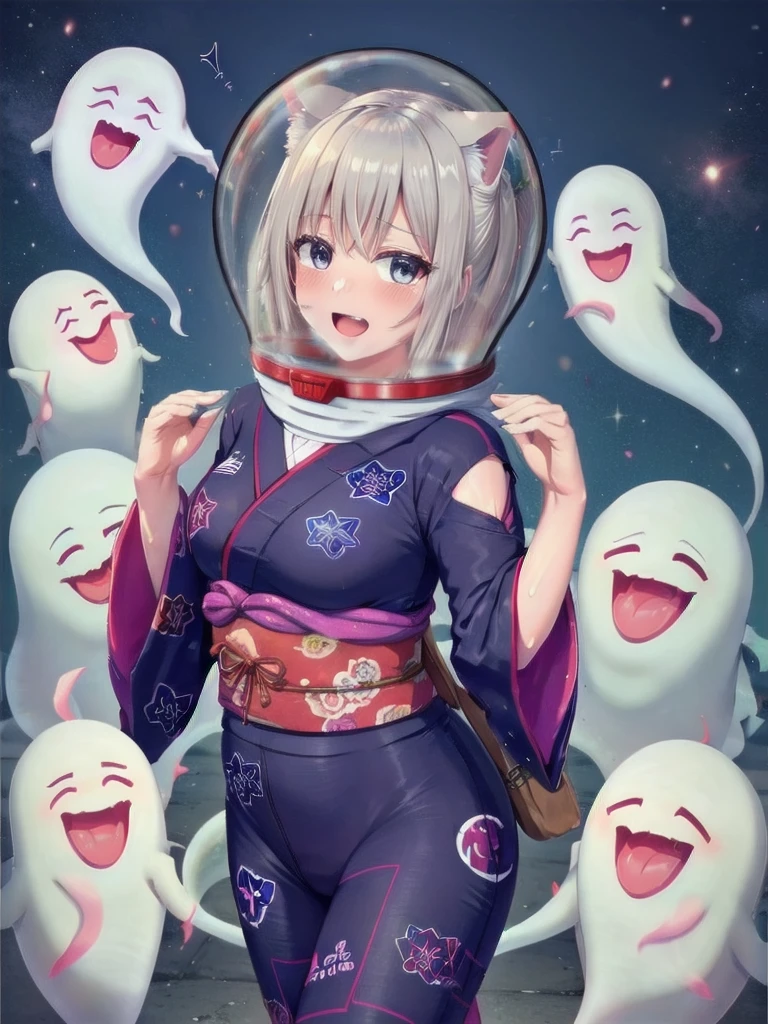 {{masterpiece:1.2, best quality:1.3,masterpiece, extremely fine and beautiful:1.5,highly detailed:1.5}},1 cute girl,cute face,grin,surprised expression,embarrassed,open mouth,ponytail,from front,cloud,night,moon,cemetery,cat ears,horror,abstract,magical abstraction,masterpiece, extremely fine and beautiful,masterpiece,highly detailed,japanese,yukata,Running away at a dash,fang,((Ghost:1.5)),Eyes closed,With hands up,y,,space helmet, bubble helmet (