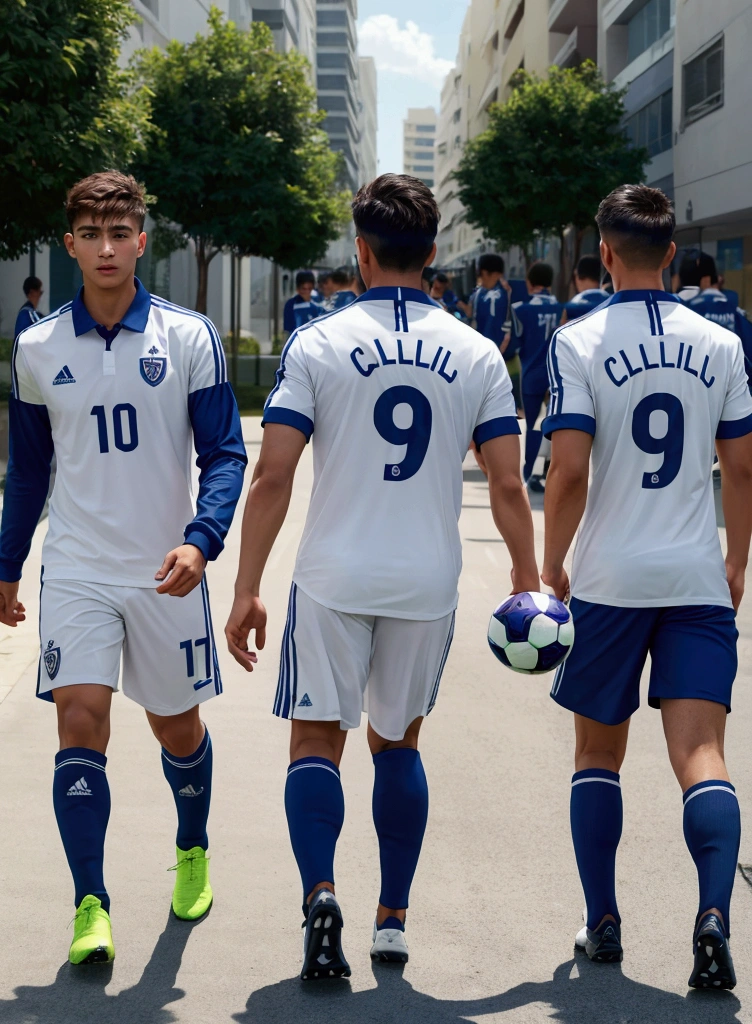 Male players walking with their backs towards a soccer cup and their uniform saying CALA FC