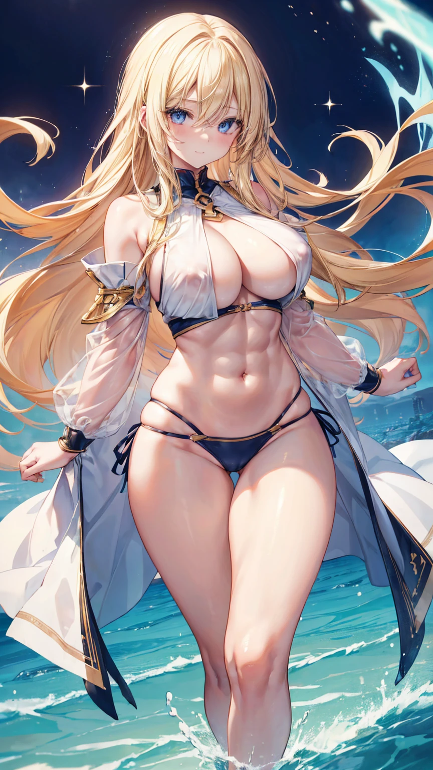 Sensual, Long blonde hair, Thick thighs, 8k, 4K, Highest quality, High resolution:1.2), Cute anime face, Noise Reduction, Sparkling blue eyes, A kind smile, Kind eyes、Toned Abs, Muscular arms, Muscular legs, Young Face, Anime Eyes, (((Big Breasts、A chest that's about to burst)))、(((Bondage Style)))、(((Rear View、I turn around、Accentuate your butt)))