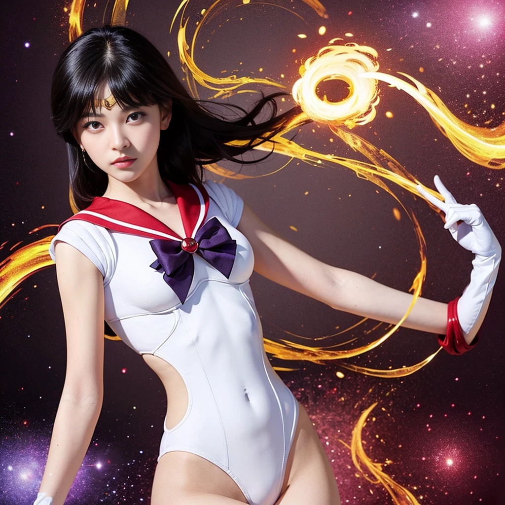 1 boy,short hair, (high quality,8K,blonde hair, short hair, realistic, high quality,masterpiece,Super detailed,disorganized)1.5,((Summer 1, tiara, Sailor Uranus Uniform, white gloves, purple sailor collar)),City of night,white gloves,yellow ribbon,purple eye, (magical world,fire), (bust-up photo:1.5), kpop, hyunjin