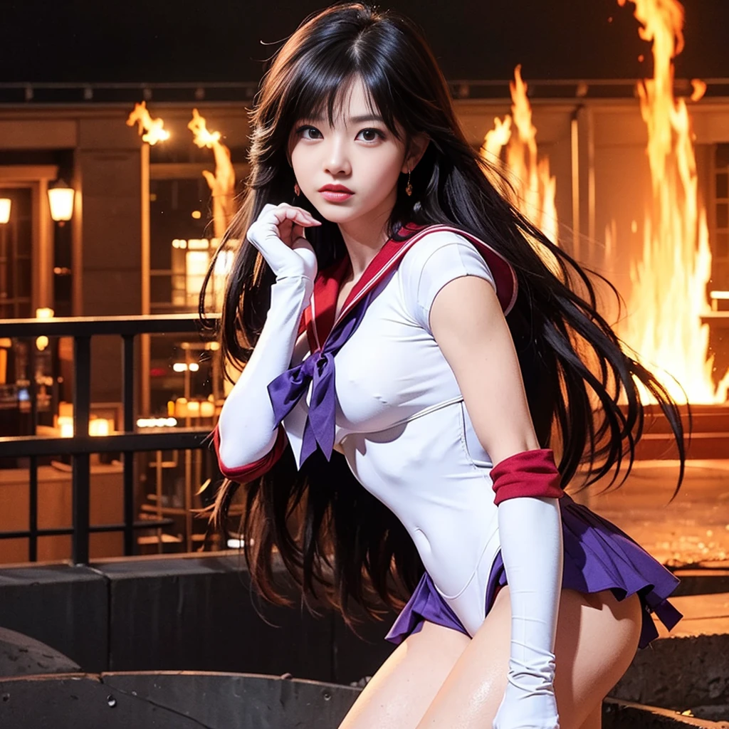 1 boy,short hair, (high quality,8K,blonde hair, short hair, realistic, high quality,masterpiece,Super detailed,disorganized)1.5,((Summer 1, tiara, Sailor Uranus Uniform, white gloves, purple sailor collar)),City of night,white gloves,yellow ribbon,purple eye, (magical world,fire), (bust-up photo:1.5), kpop, hyunjin