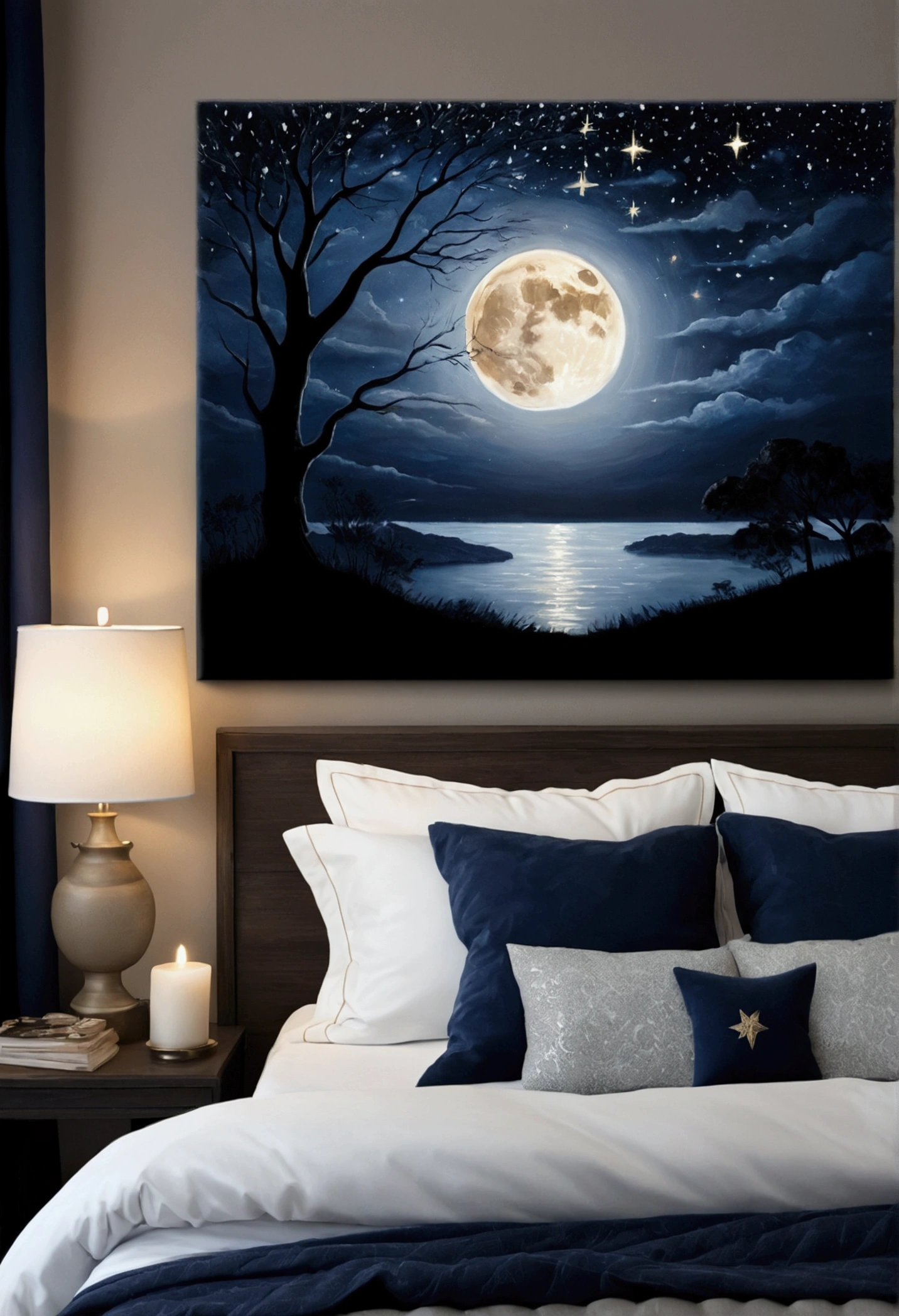 (Peaceful Dreams,夜のTranquility,Tranquility,peaceful sleep),(Highest quality,Very detailed,Realistic),(Painting),(Shining Star,Gentle moonlight),(Soft pillow,Comfortable bed,Dreamy atmosphere),(Tranquility,Luxurious sleep),(Peaceful and serene),(Subtle colors,Dark and warm tones),(Good soft and diffused lighting)