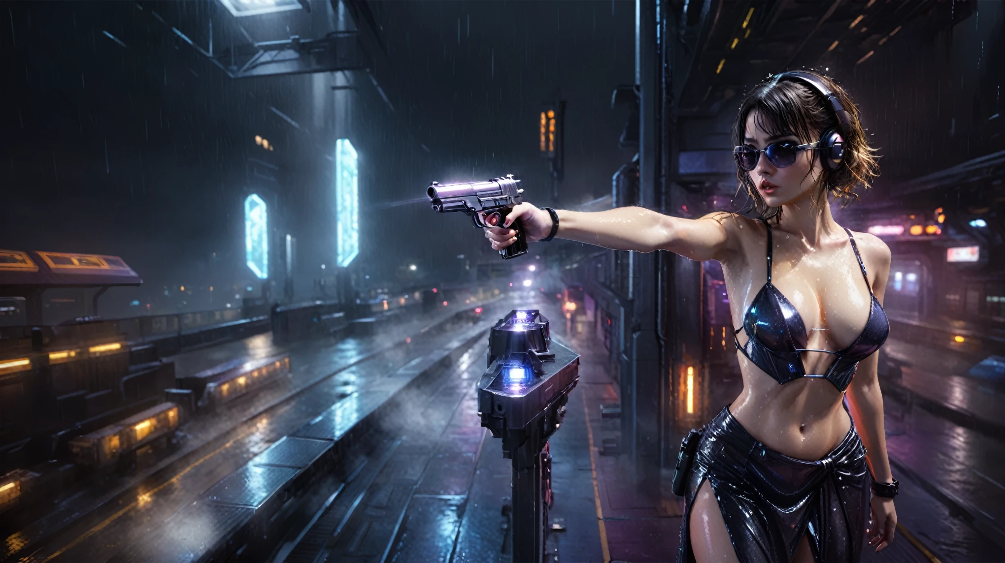 (((aerial view))), Blade Runner style futuristic railway platform, hi-tech train, neon lights, rainy night. (1girl, solo, alone), large-breast:1.2 slim body, cleavage:1.1, sexy wind blowing wet dress:1.4, headphone, (black sunglasses), (((she raised a pistol:1.8 and shot:1.8 the viewer))), dynamic pose, (((half-body thigh level medium shot))), cinematic lighting, lens flare, ray tracing, blurred:1.4 background.