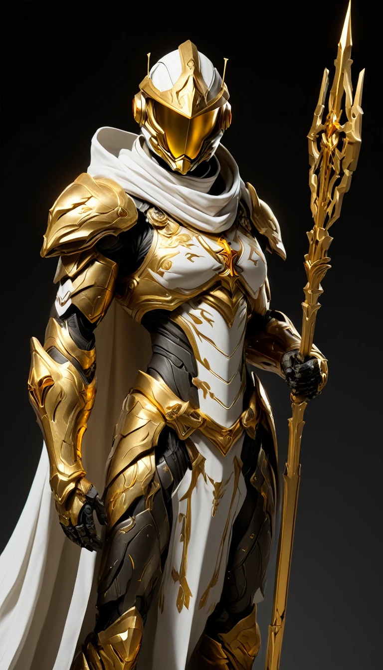 Masterpieces, female, Holy White Knight, Action style shot, (Battle Priest in a warframe and halo style armor with a staff with a cross), (Gold and White color scheme), (white hood and cape), (action shot: holding staff), white and gold tabard (solid color background), centered, full body shot fighting, sci-fi knight, Halo master chief, vibrant colors, visible figure joints, cinematic shot, volumetric lighting, intricate pattern detail, highly detailed