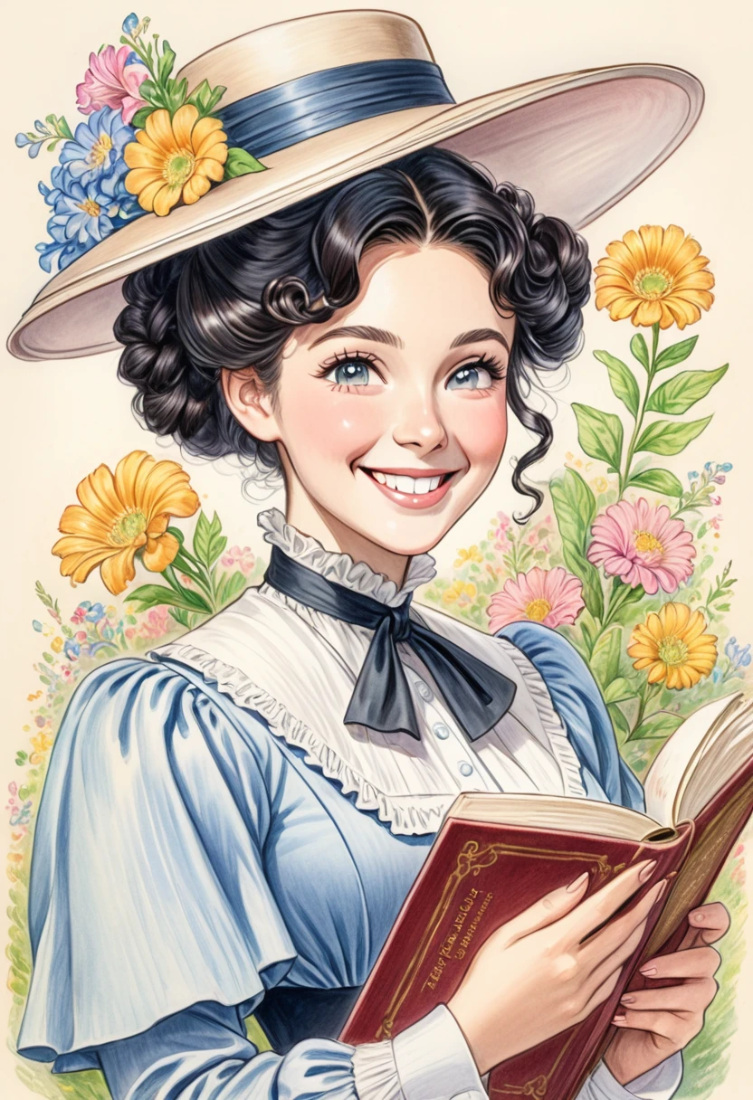 A colored pencil drawing of a pretty smiling happy victorian governess, curly black hair. Kind and inteligent, joyful energy. hair in bun, hat. book of poetry in hand.