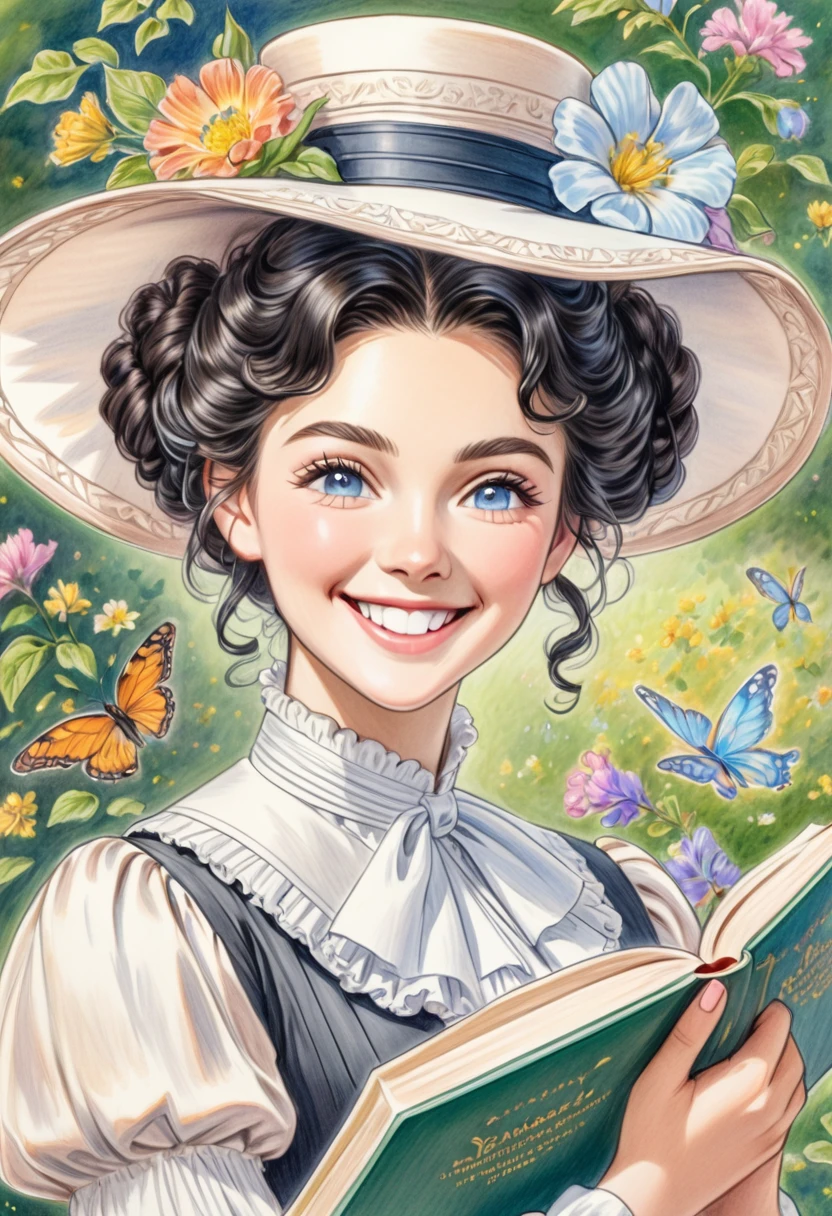 A colored pencil drawing of a pretty smiling happy victorian governess, curly black hair. Kind and inteligent, joyful energy. hair in bun, hat. book of poetry in hand.