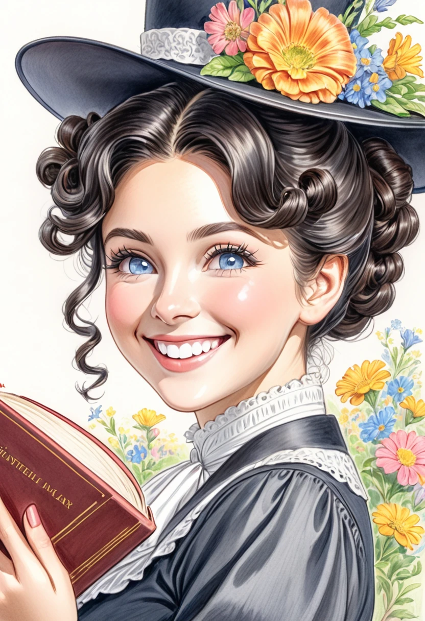 A colored pencil drawing of a pretty  smiling happy victorian governess, curly black hair. Kind and inteligent, joyful  energy. hair in bun, hat. book of poetry in hand.
