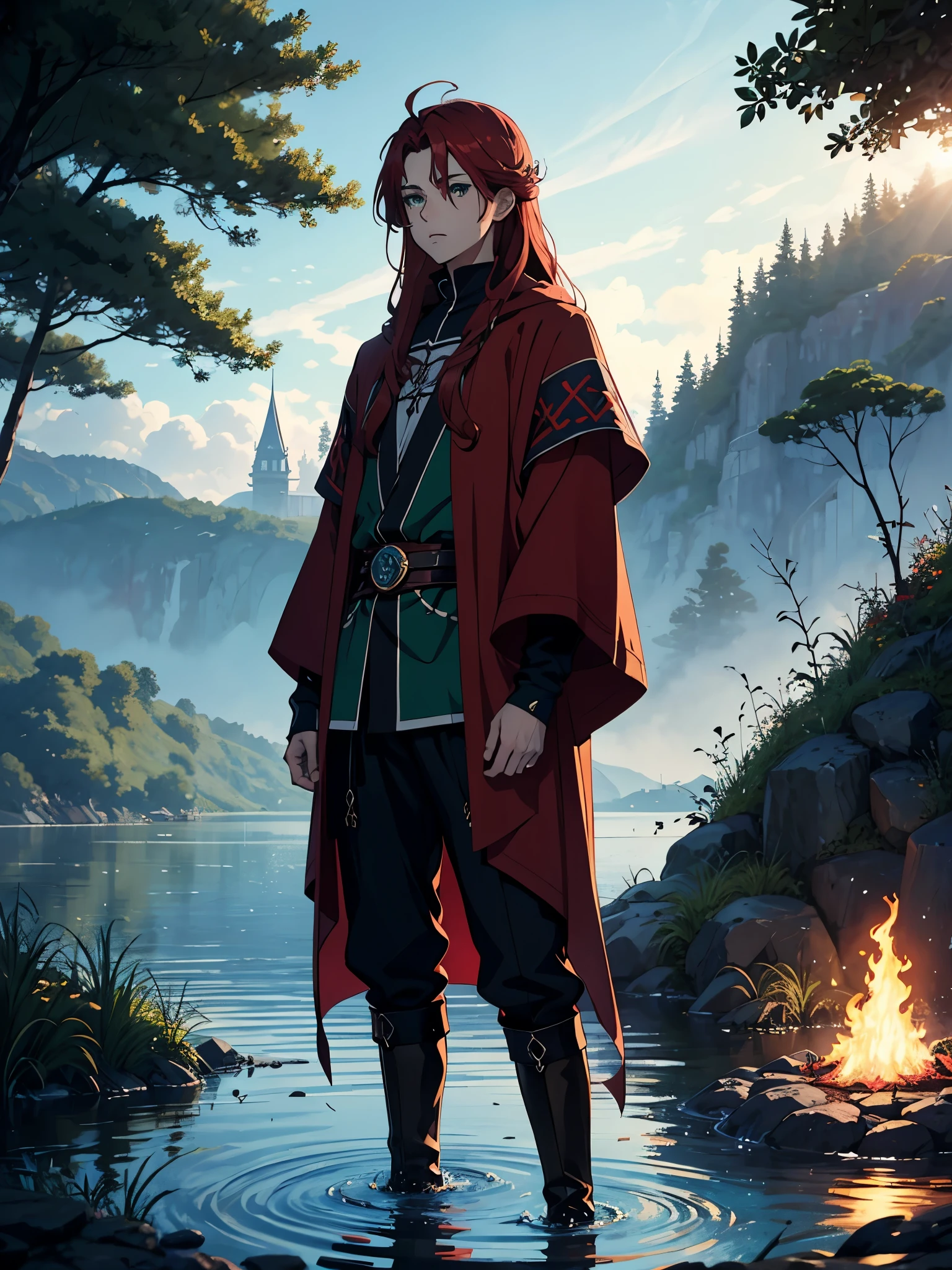 Runesmagie. Runes magie. Runes. 火. green clothes. More anime style. blue flames. 2d. flatter. anime style. Viking clothing. soft. More anime. Standing in a lake. More anime. More 2d. Clean. More anime. 2d. Glow. Red hair. More anime. male. Long hair. long red hair. boy, vikings. red hair. Blue eyes. fire.