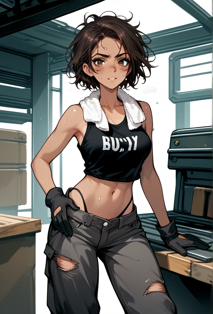 masterpiece, best quality, mature woman, messy hair, black hair, brunette gradient hair color, hot face, (tomboy face), tan skin, mature body, fit body, medium breasts, mechanic gloves, (dirty tank top), stained tank top, midriff, white bandana, mechanic pants, loose pants, workshop, (sweaty), bending over, towel around neck, black thong lines, ripped pants, spreading legs