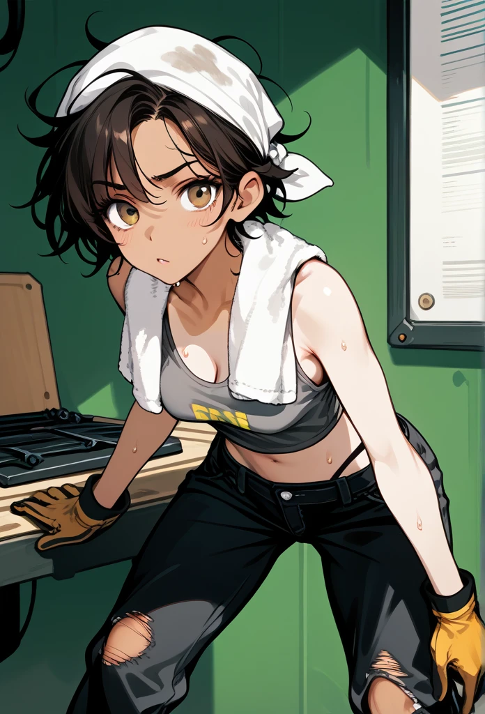 masterpiece, best quality, mature woman, messy hair, black hair, brunette gradient hair color, hot face, (tomboy face), tan skin, mature body, fit body, medium breasts, mechanic gloves, (dirty tank top), stained tank top, midriff, white bandana, mechanic pants, loose pants, workshop, (sweaty), bending over, towel around neck, front view, pulling pants down, visible panties, surprised face