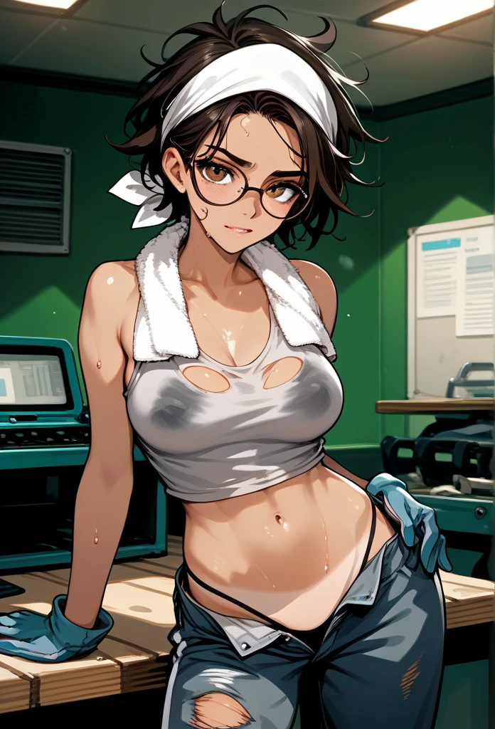 masterpiece, best quality, mature woman, messy hair, black hair, brunette gradient hair color, hot face, (tomboy face), tan skin, mature body, fit body, medium breasts, mechanic gloves, (dirty tank top), stained tank top, midriff, white bandana, mechanic pants, loose pants, workshop, (sweaty), bending over, towel around neck, black thong lines, ripped pants, spreading legs