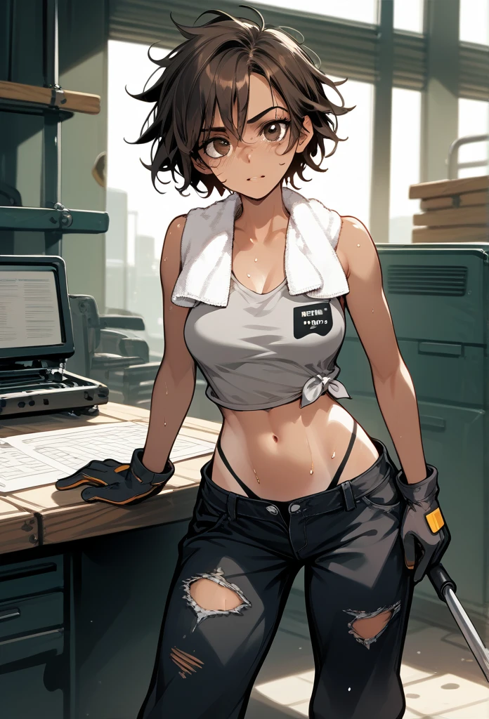 masterpiece, best quality, mature woman, messy hair, black hair, brunette gradient hair color, hot face, (tomboy face), tan skin, mature body, fit body, medium breasts, mechanic gloves, (dirty tank top), stained tank top, midriff, white bandana, mechanic pants, loose pants, workshop, (sweaty), bending over, towel around neck, black thong lines, ripped pants, spreading legs