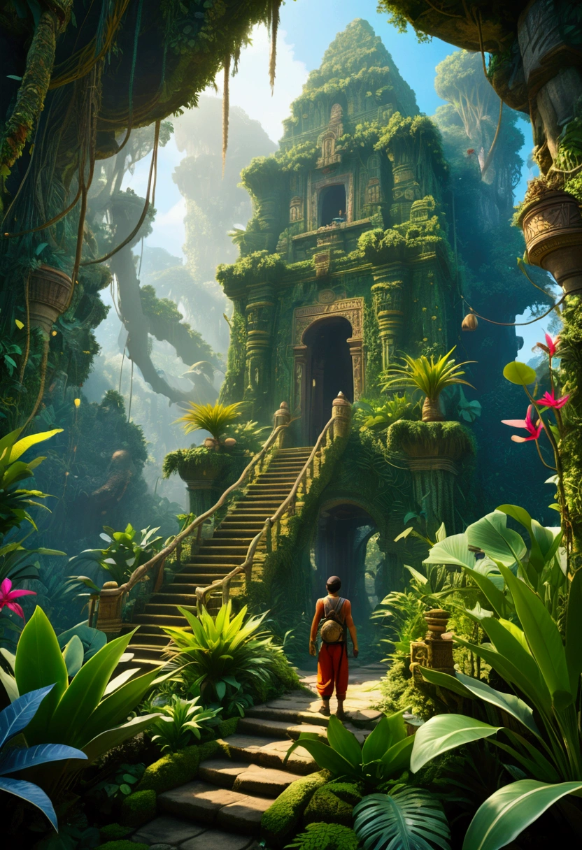 (Jungle Adventurer), against a dark background with a mysterious atmosphere and cool color tones with soft side lighting in the photography style of high contrast between light and shadow, glow effect, light leak, full body, award-winning, cinematic still, emotional, vignette, dynamic, vivid, (masterpiece, best quality, Professional, perfect composition, very aesthetic, absurdres, ultra-detailed, intricate details:1.3)