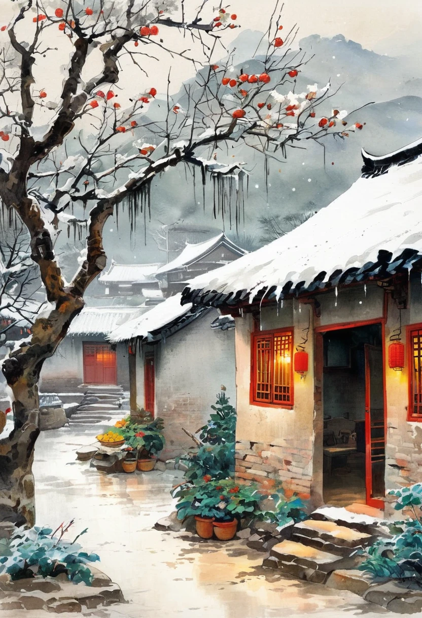 Ink Painting：China 70s，winter，heavy snow，Village courtyard，Warm home，patio，Icicles on the eaves，Tree，Dirt paths，Happy little ones