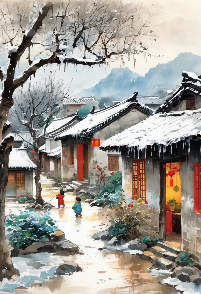 Ink Painting：China 70s，winter，heavy snow，Village courtyard，Warm home，patio，Icicles on the eaves，Tree，Dirt paths，Happy little ones