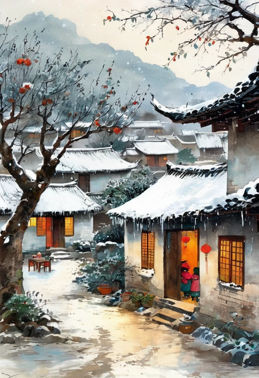 Ink Painting：China 70s，winter，heavy snow，Village courtyard，Warm home，patio，Icicles on the eaves，Tree，Dirt paths，Happy little ones