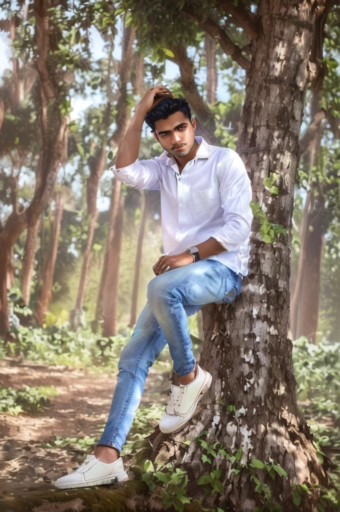 arafed man sitting on a tree in a park with his hand on his head, casual photography, modeling shoot, white shirt and blue jeans, casual pose, mohamed chahin style, with a cool pose, stylish pose, full body photogenic shot, white shirt and jeans, inspired by Bikash Bhattacharjee, modeling photography, sitting on a tree