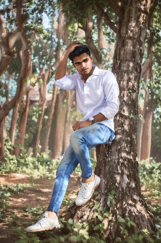 arafed man sitting on a tree in a park with his hand on his head, casual photography, modeling shoot, white shirt and blue jeans, casual pose, mohamed chahin style, with a cool pose, stylish pose, full body photogenic shot, white shirt and jeans, inspired by Bikash Bhattacharjee, modeling photography, sitting on a tree