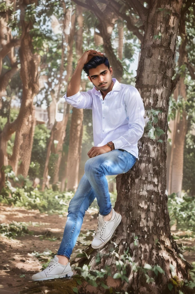 arafed man sitting on a tree in a park with his hand on his head, casual photography, modeling shoot, white shirt and blue jeans, casual pose, mohamed chahin style, with a cool pose, stylish pose, full body photogenic shot, white shirt and jeans, inspired by Bikash Bhattacharjee, modeling photography, sitting on a tree