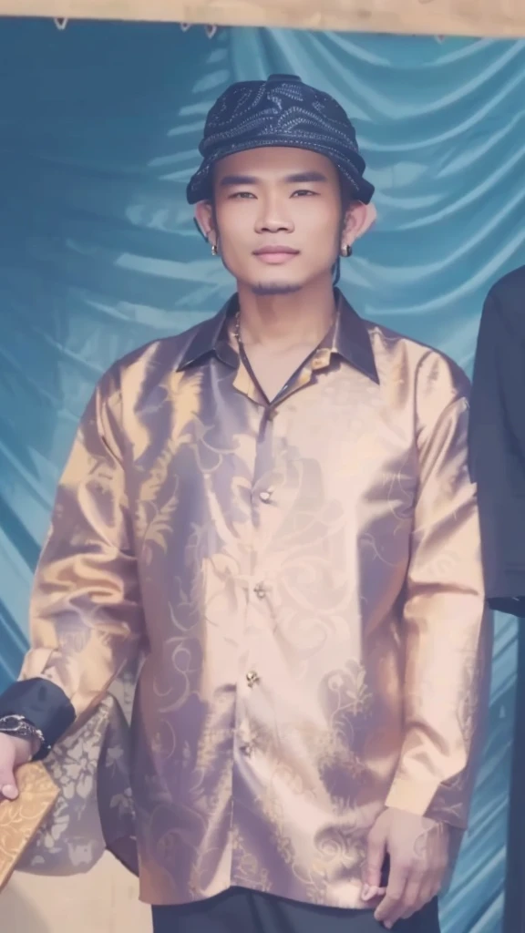 portrait of a man wearing a black cap and golden motif batik shirt, black trousers with a small