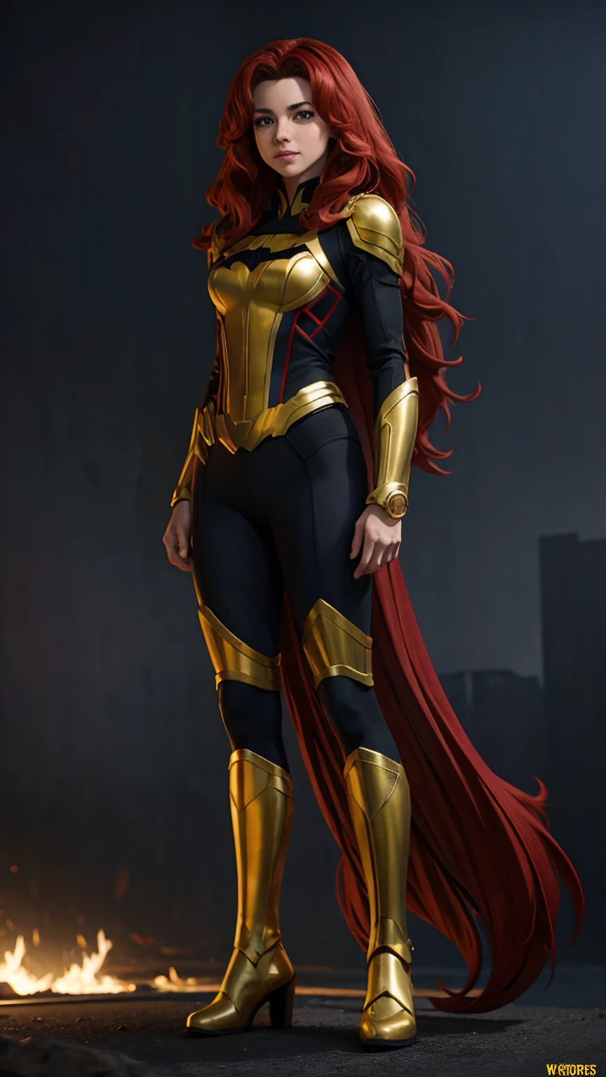 ((Full body photo,standing, feet on the ground))supergirl A red-haired warrior man with yellow eyes wearing black and gold Batgirl armor