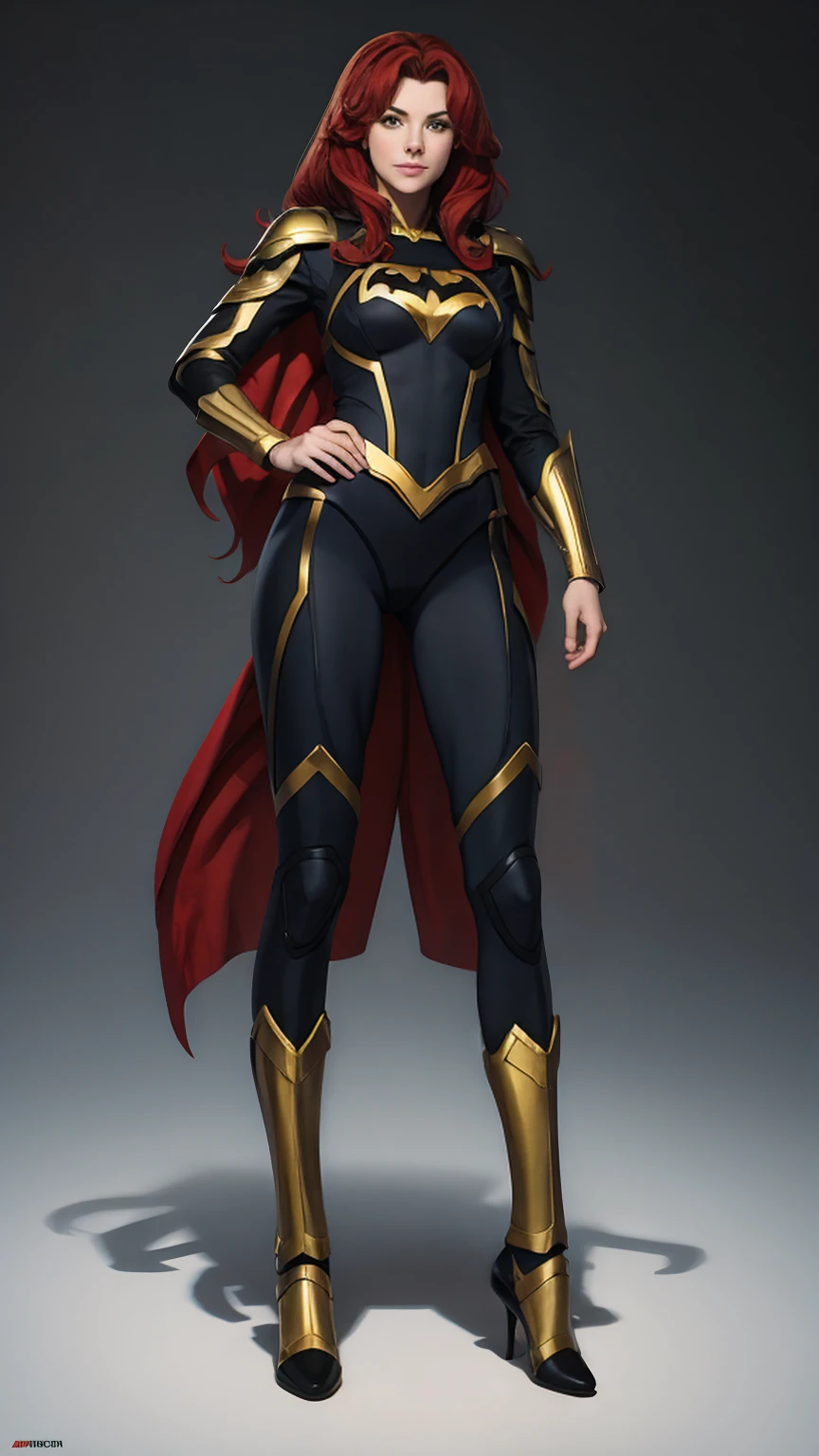 ((Full body photo,standing, feet on the ground))supergirl A red-haired warrior man with yellow eyes wearing black and gold Batgirl armor