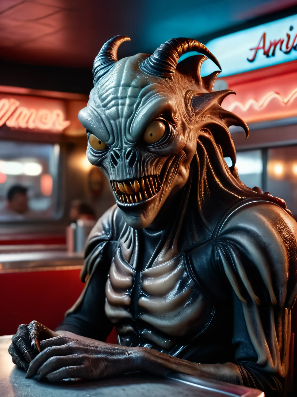 hyper realistic and highly detailed, an otherworldly horror creature, half body portrait, cinematic, movie still, captured in the style of Sony Alpha A7 III camera, in American diner