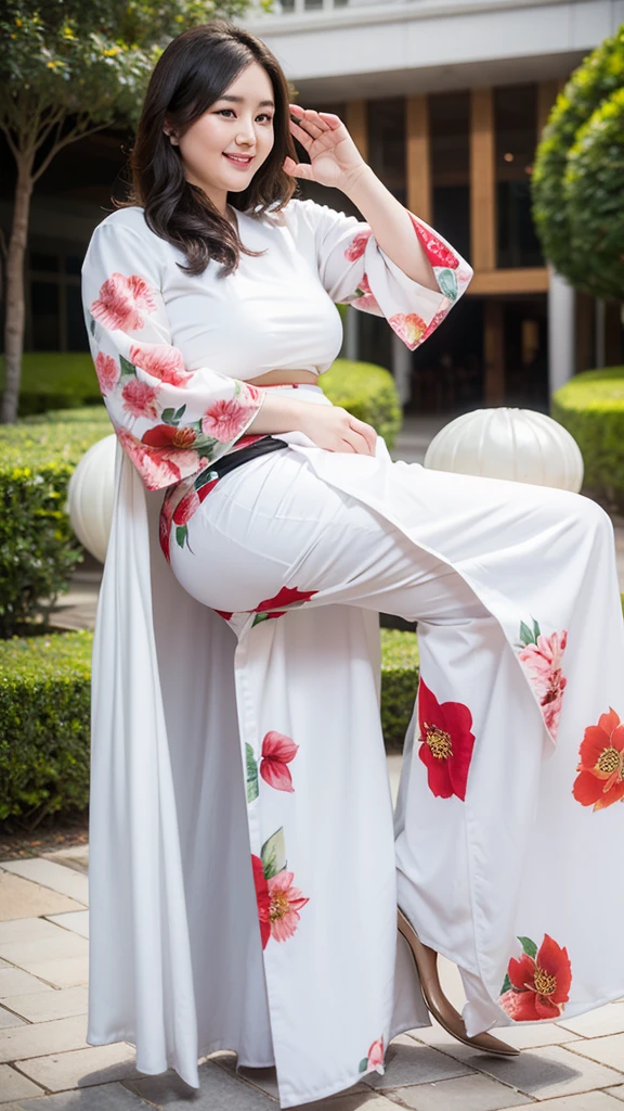 Height 1.85 meters，Smiling fat woman ，Oval face， 大白Long legs， Wearing a red floral loose silk shirt and pleated skirt,  Thin waist and thick hips, Hip width， Soft curves, hyperPractical full figure, Wearing a cute top, Long legs,,thickness, Beautiful plump woman, A woman with beautiful curves*****Target，Clear curve details, Curvy hourglass figure, Charming plus size models, bbw酱, full image, Surface Model, Curvy body, （full-body shot）blush, 1girll fat , Golden Ratio,(White and tender skin:),High quality background, HD, Practical, HDR. pedestrian mall，Skin as white as paper，High heel，Sit on a slate，Flowers
