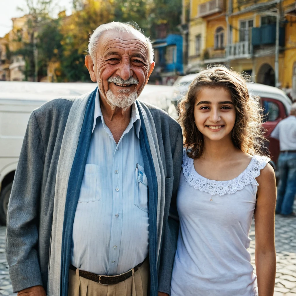 An old man from Turkey stands next to a beautiful young girl, they are a happy couple, both are happy