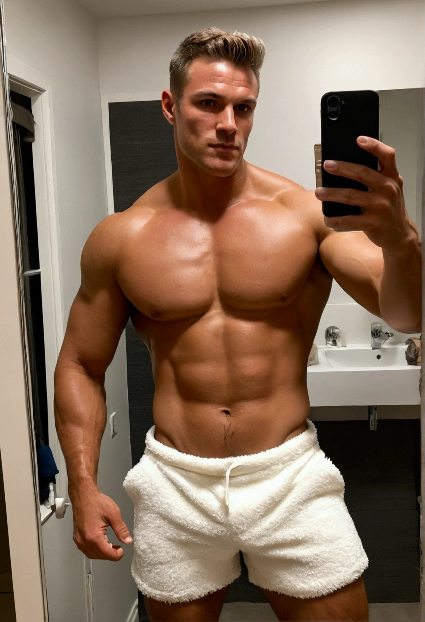 Muscular, broad-shouldered, but oiled-up man wearing fuzzy white shorts takes a selfie in the mirror