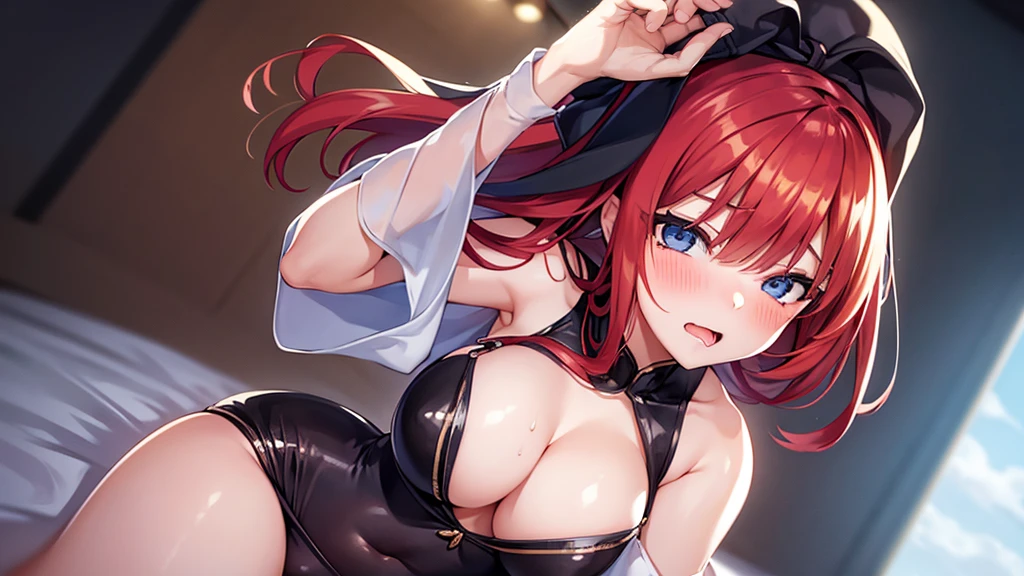 Highest quality, masterpiece , wallpaper, One beautiful girl, Highly detailed eyes and face, Beautiful attention to detail, Blue Eyes , Beautiful dark red hair , deep night, 20-year-old , Large Breasts、Nipples   , Hairstyle Nuance Long , Mole on cheek , Ahegao , Ecstasy face , Masturbation Climax , Sticking out tongue  , Drooling from the mouth , Nakano May , sweating a lot , Costumes  , show off your vagina  , Pose to invite men , no bra no pants   , Mouth very wide open , Expression of sigh  , time night , Fertilization ,