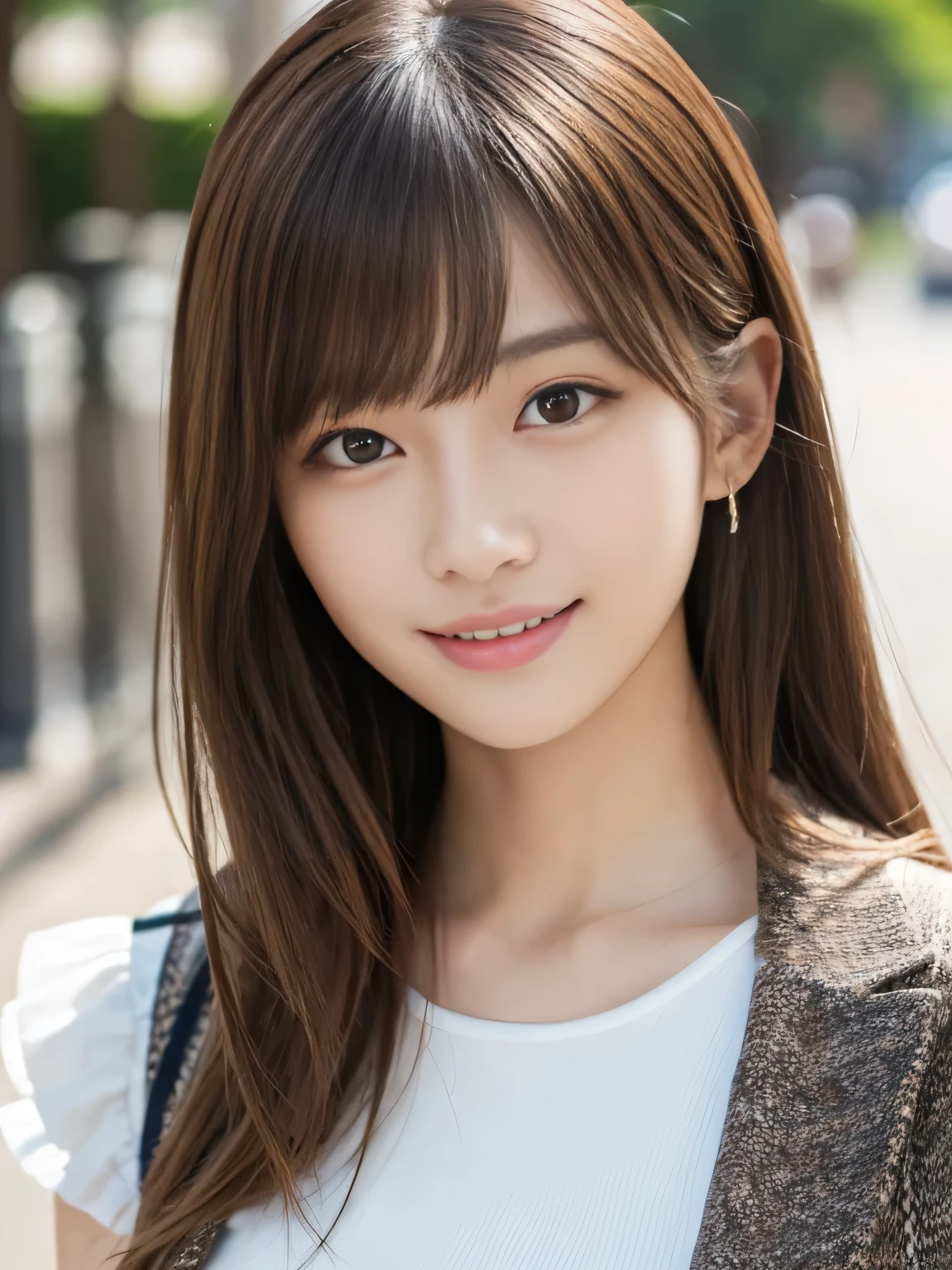 masterpiece, best quality, ultra-detailed, intricately detailed hyperdetailed, realistic, sharp features, highly detailed, sharp focus, (18 years old:1.3), Japanese Idol, perfect face, perfect symmetrically eyes, perfect full lips, hyper detailed, hyper realistic, high resolution, Fashion Model, Slender, Stylish, Realistic, Photorealistic:1.3, Beautiful Face, from above, POV shot, light brown hair, messy hair, asymmetrical bangs, Neat clothes, (smile), (white tops:1.2),