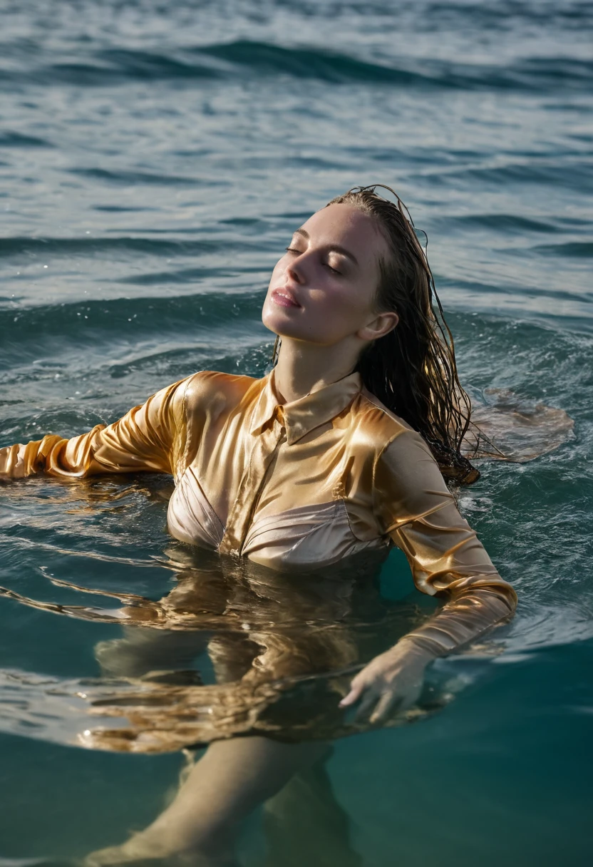 perfect photo of a Caucasian woman (emerging out of water:1.3) wearing (wet golden satin shirt:1.2), long sleeves, (swimming in ocean) (head and shoulders out over water:1.4), partially submerged, (bra visible through shirt:1.2), (wet hair), photographed on a Fujifilm XT3, 80mm F/1.7 prime lens, cinematic film still, cinestill 500T, highly detailed, masterpiece, highest quality, intricately detailed, HDR, 16k, uhd, photorealistic