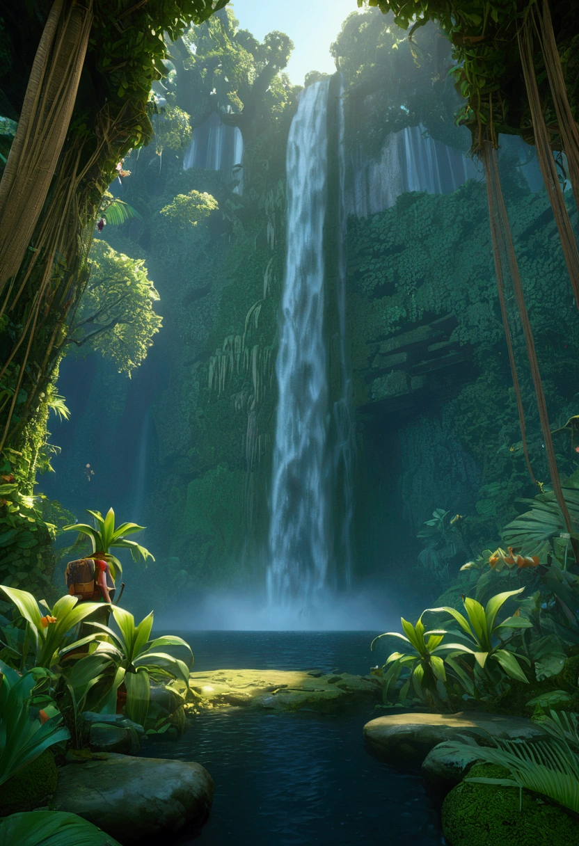 (Jungle Adventurer), Explore the Enchanted Enclave with (waterfall), a hidden sanctuary where flora and fauna coexist in perfect harmony, creating a magical realm untouched by time, full body, award-winning, cinematic still, emotional, vignette, dynamic, vivid, (masterpiece, best quality, Professional, perfect composition, very aesthetic, absurdres, ultra-detailed, intricate details:1.3)