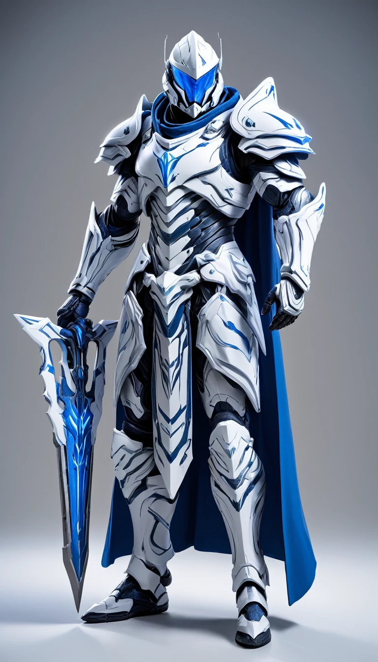 Masterpieces, Holy White Knight, Action style shot, (Battle Priest in a warframe and halo style armor with a blue and silver spear), (blue and silver color scheme), (white hood and cape), (action shot: holding spear), (quiver on back), white and blue tabard (solid color background), centered, full body shot fighting, sci-fi knight, Halo master chief, vibrant colors, visible figure joints, cinematic shot, volumetric lighting, intricate pattern detail, highly detailed