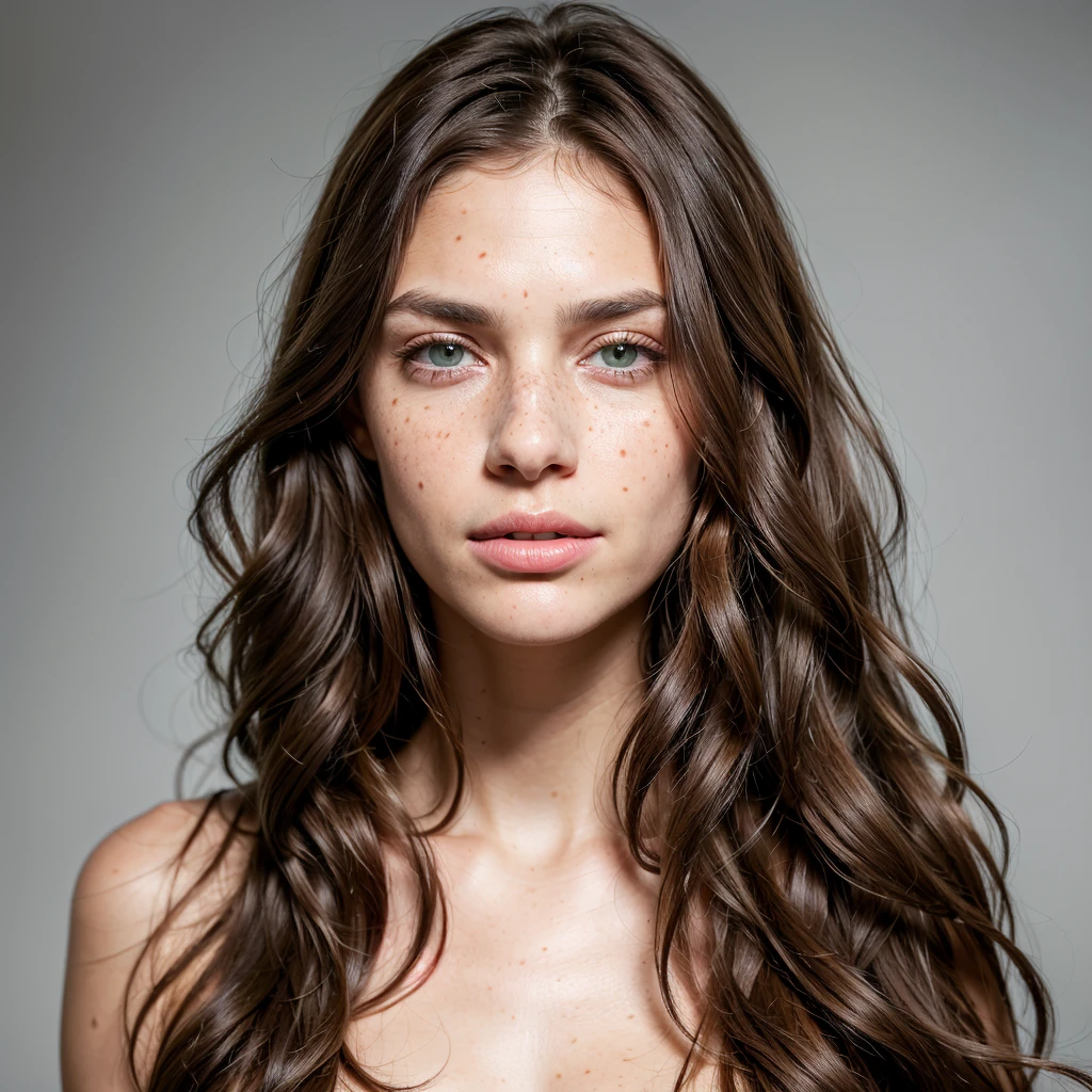 ((best quality, Exceptional quality)), ((better skin texture, premium quality material)), (portrait de visage), Beautiful brunette with green eyes, freckle on face, long wavy hair, ultra realistic face, 0 defaut, 4K, portrait de face, photo de face, white background, photo de visa, white back ground