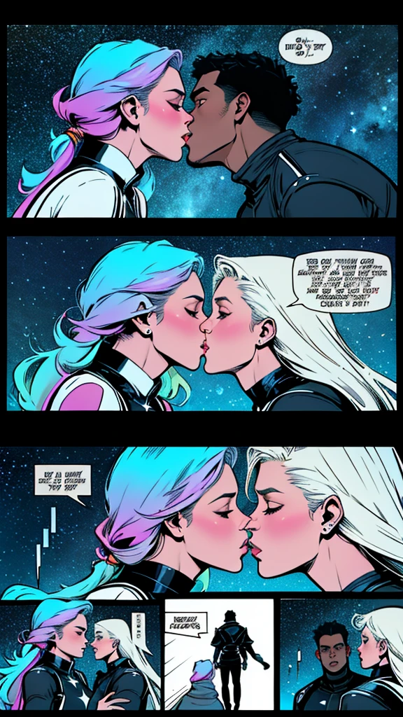 In love,spectrum, holographic, Transparent, professional kiss, awakening, starry, fantasy, ultimate best quality,beautiful woman,Speech bubble, big
