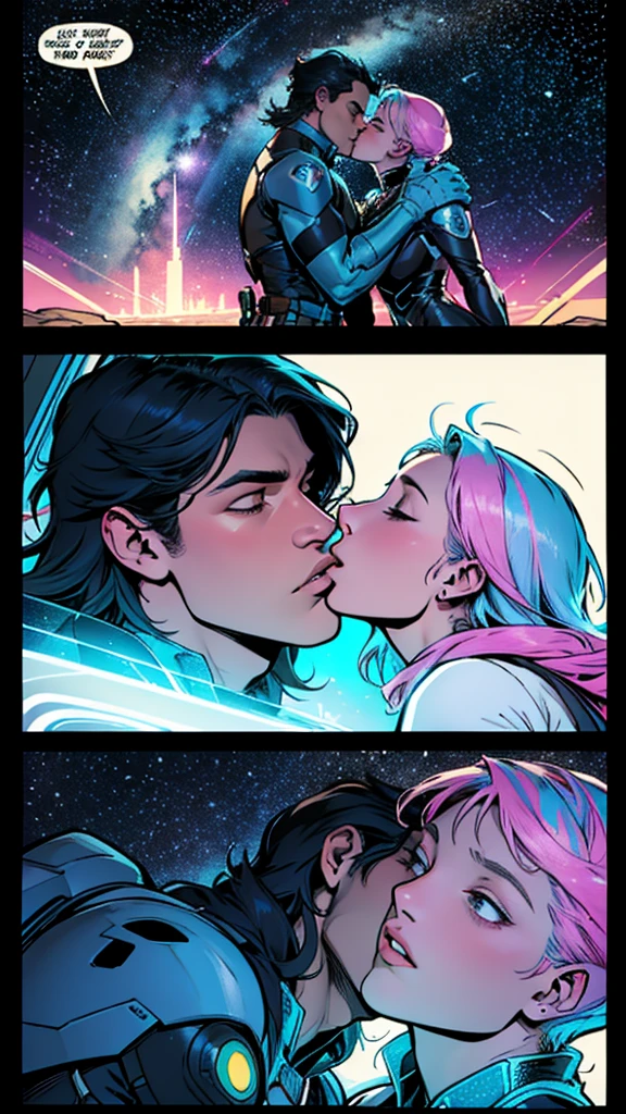 In love,spectrum, holographic, Transparent, professional kiss, awakening, starry, fantasy, ultimate best quality,beautiful woman,Speech bubble, big